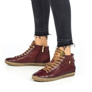 Pikolinos Lagos Burgundy Leather High Top Sneaker Boots Buckle Side Zip Size 38